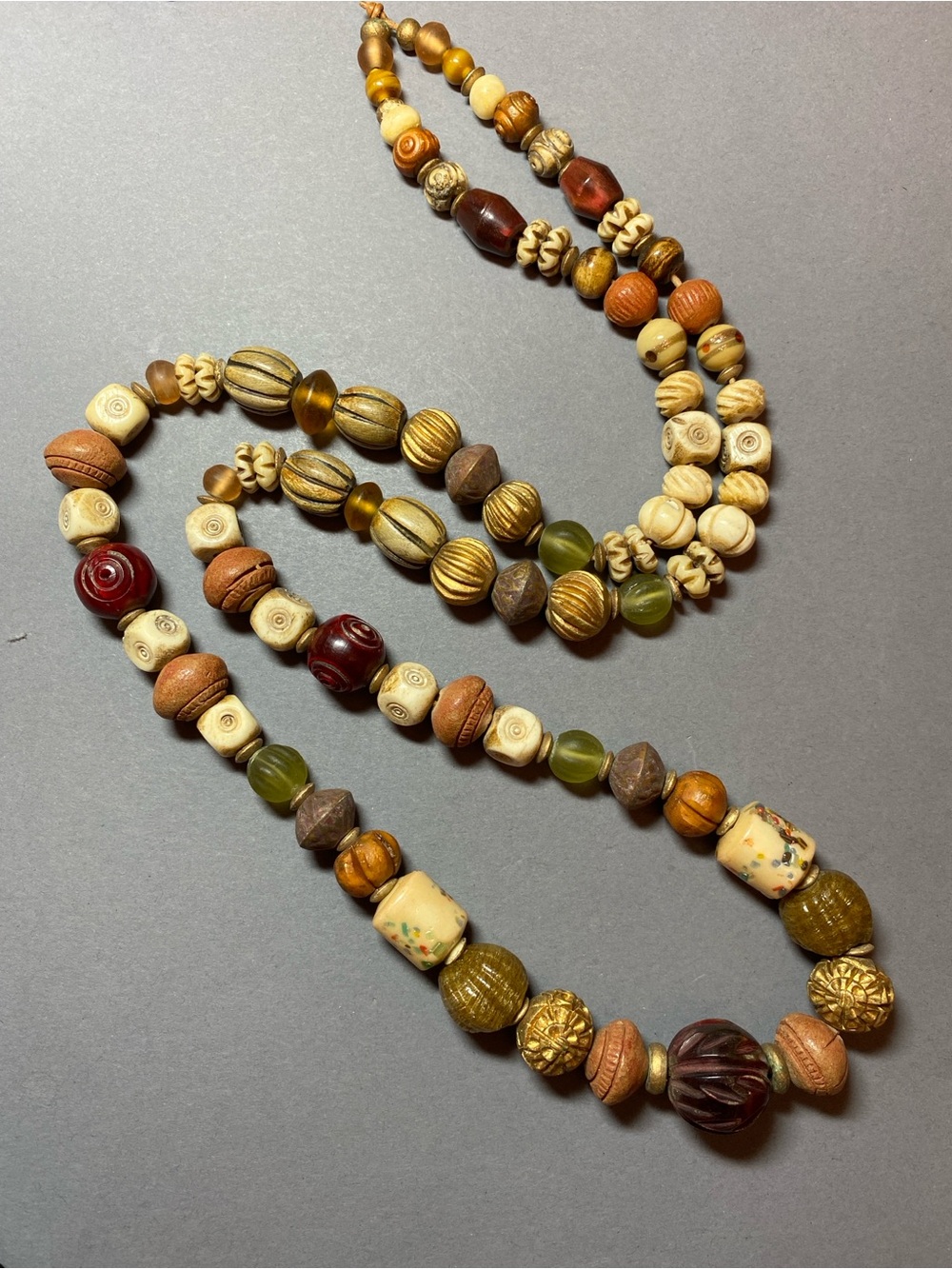 Vintage boho chunky neutral wood glass bone beaded necklace